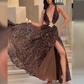 Slim Fit V-neck Halter Split Dress