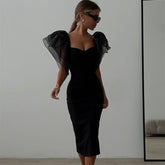 Women's Temperament Mesh Ruffle Sleeve Square Collar Hip-wrapped Mid-length Dress