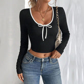 Women's Fashion Simple Style Versatile T-shirt AutumnWinter EuropeanAmerican Slim Fit Short Sexy Color Block Top