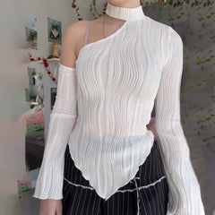 Long-sleeve Slash-neck Halter-style Street-style Spicy-girl T-shirt