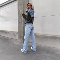 Fashion Loose Casual Washing Denim Stitching Hooded Women's Sweater