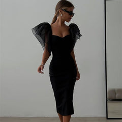 Women's Temperament Mesh Ruffle Sleeve Square Collar Hip-wrapped Mid-length Dress