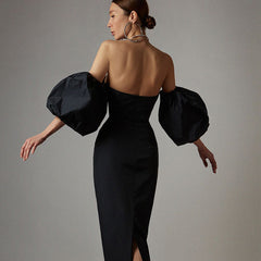 Wrap Breast Balloon Sleeve  Slim Fit Hips Mid Length Dress