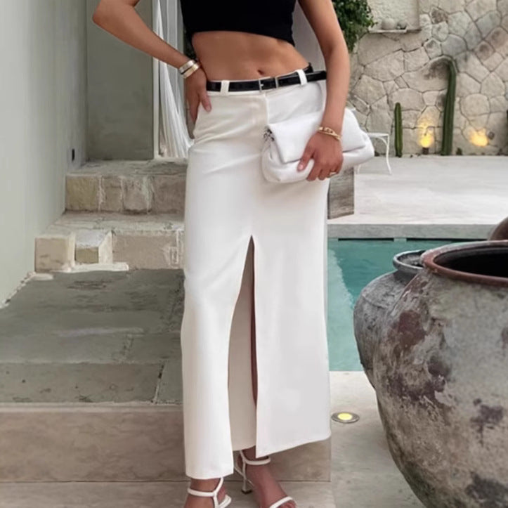 French-style Commuter White Straight-Line Suit Skirt With A Slit