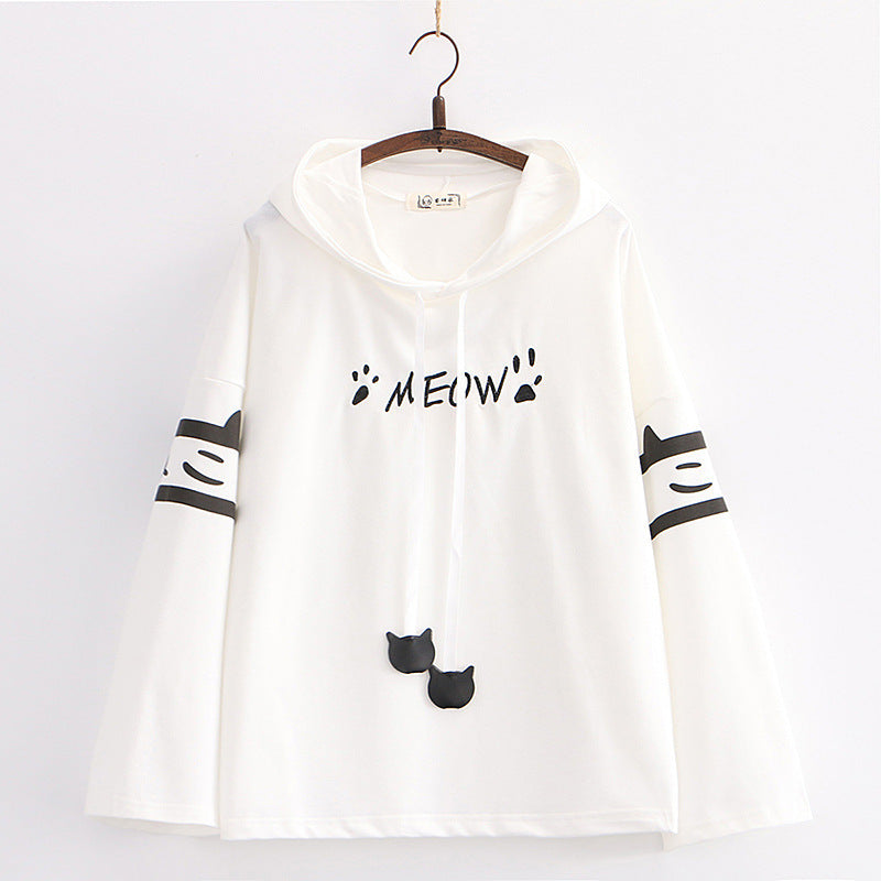 Cute Cartoon Cat Paw Embroidery Loose Long Sleeve Hoodie