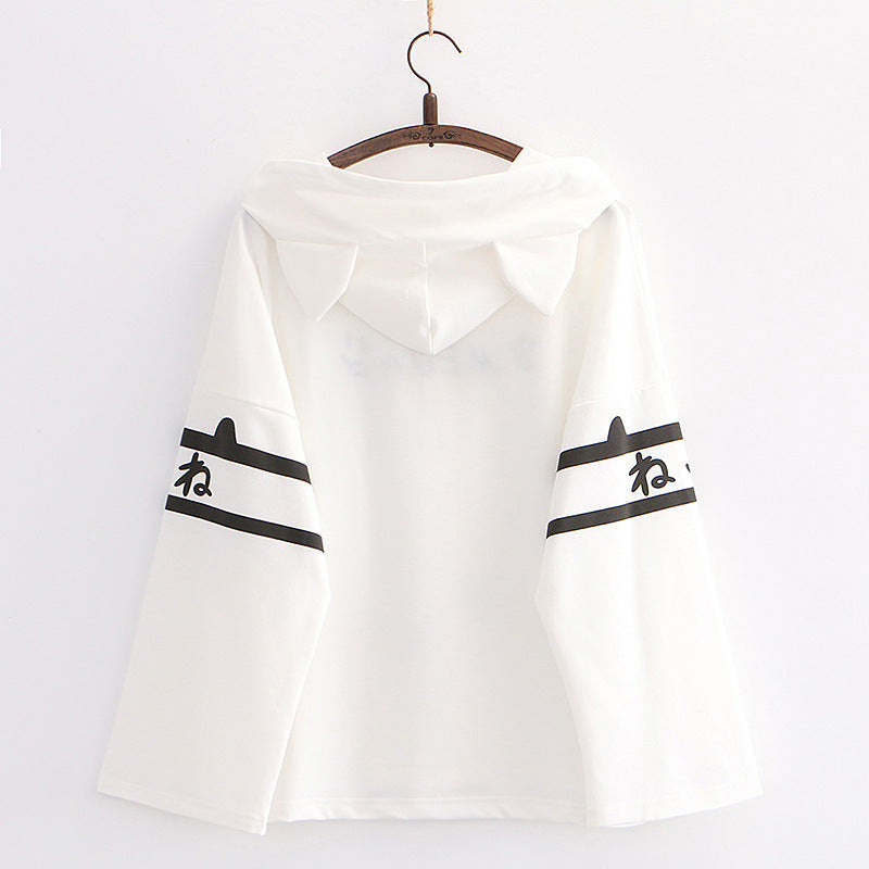 Cute Cartoon Cat Paw Embroidery Loose Long Sleeve Hoodie