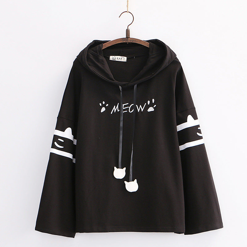 Cute Cartoon Cat Paw Embroidery Loose Long Sleeve Hoodie