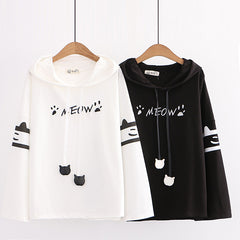 Cute Cartoon Cat Paw Embroidery Loose Long Sleeve Hoodie