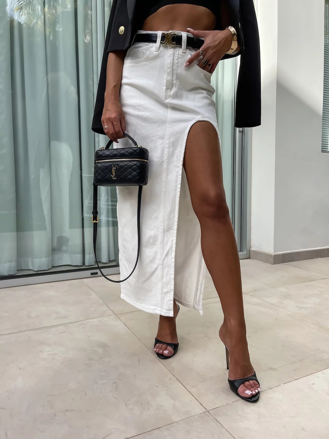 Retro Women's High Waist Irregular Slit Denim Skirt