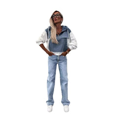 Fashion Loose Casual Washing Denim Stitching Hooded Women's Sweater