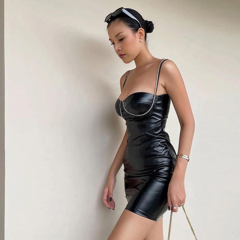 Leather Drill Chain Sexy Temperament Slim Strap Sheath Dress
