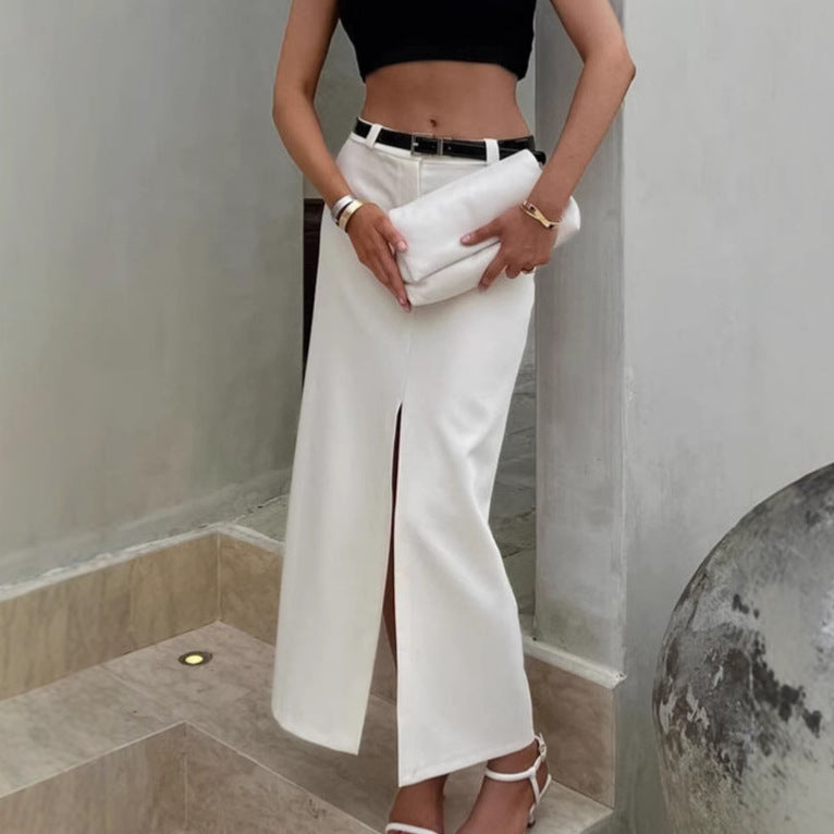 French-style Commuter White Straight-Line Suit Skirt With A Slit