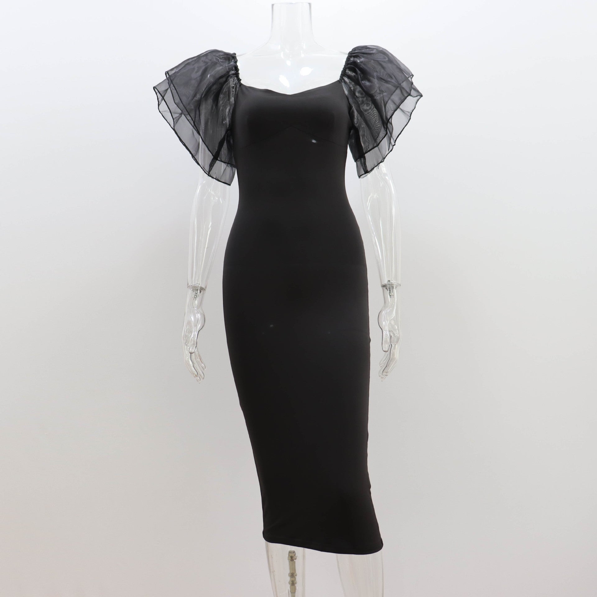 Women's Temperament Mesh Ruffle Sleeve Square Collar Hip-wrapped Mid-length Dress