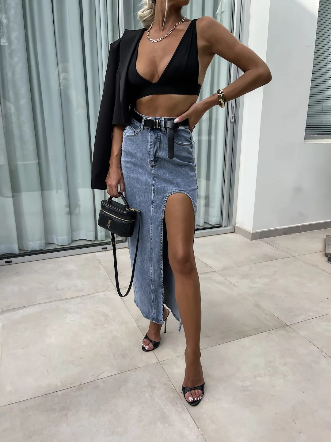 Retro Women's High Waist Irregular Slit Denim Skirt