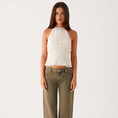 Solid Color Neck Lace Sexy Backless Spaghetti Straps Top