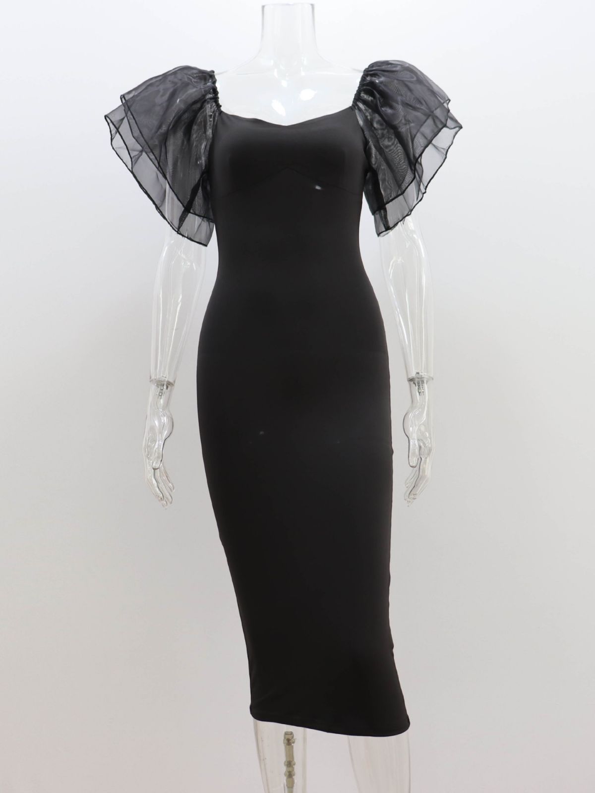 Women's Temperament Mesh Ruffle Sleeve Square Collar Hip-wrapped Mid-length Dress