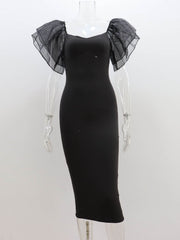 Women's Temperament Mesh Ruffle Sleeve Square Collar Hip-wrapped Mid-length Dress