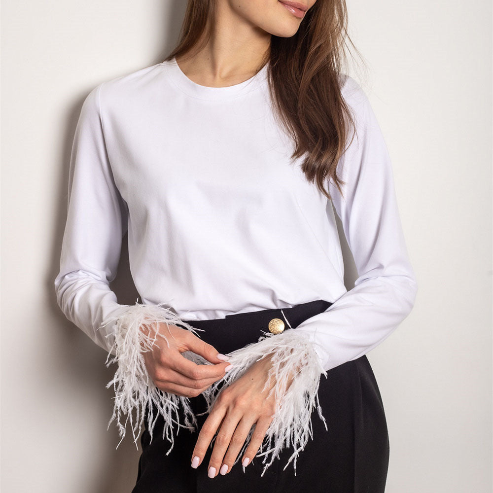 Women's Fashion Casual Round Neck Stitching Feather T-Shirt Top