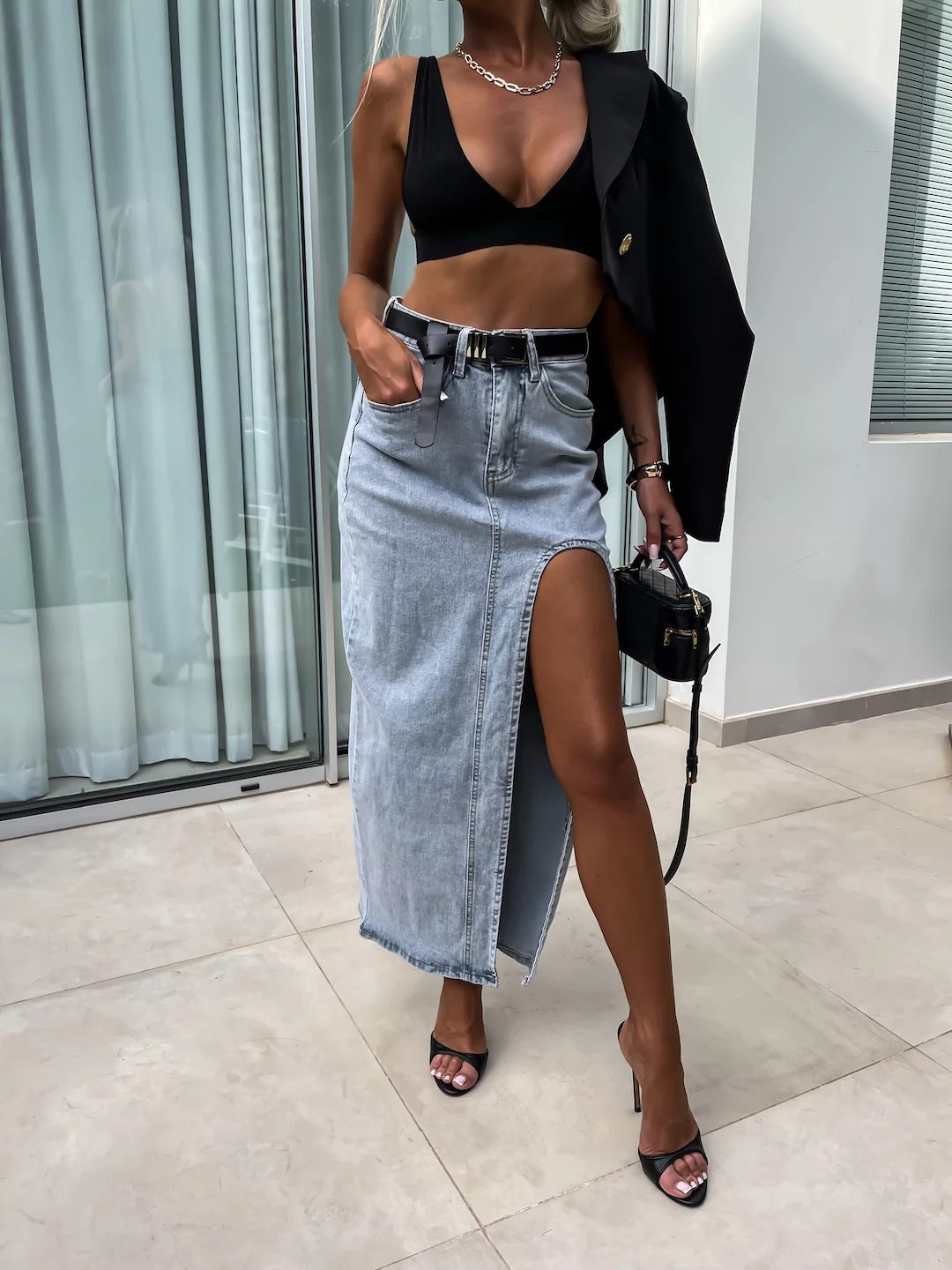 Retro Women's High Waist Irregular Slit Denim Skirt