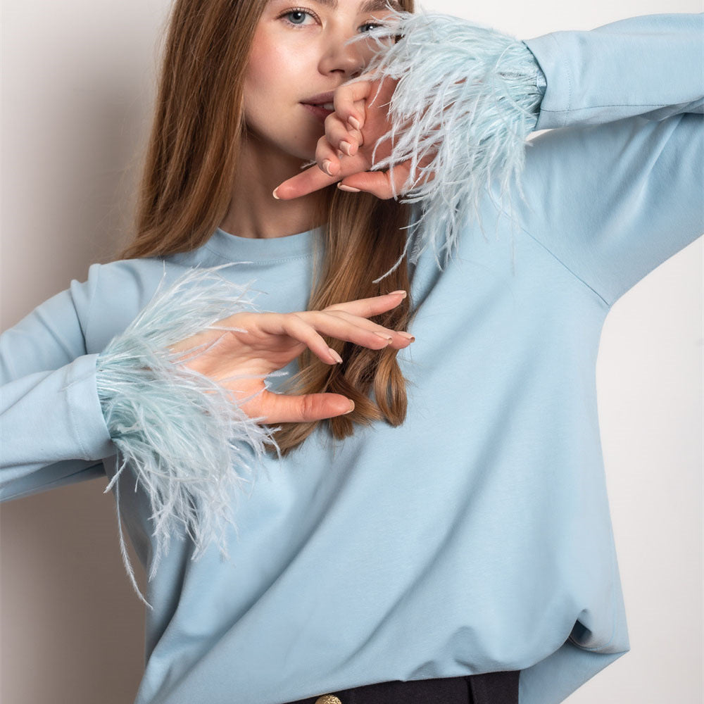 Women's Fashion Casual Round Neck Stitching Feather T-Shirt Top