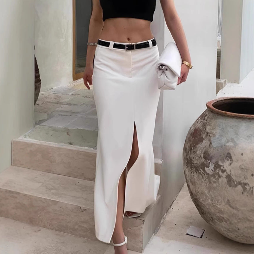 French-style Commuter White Straight-Line Suit Skirt With A Slit