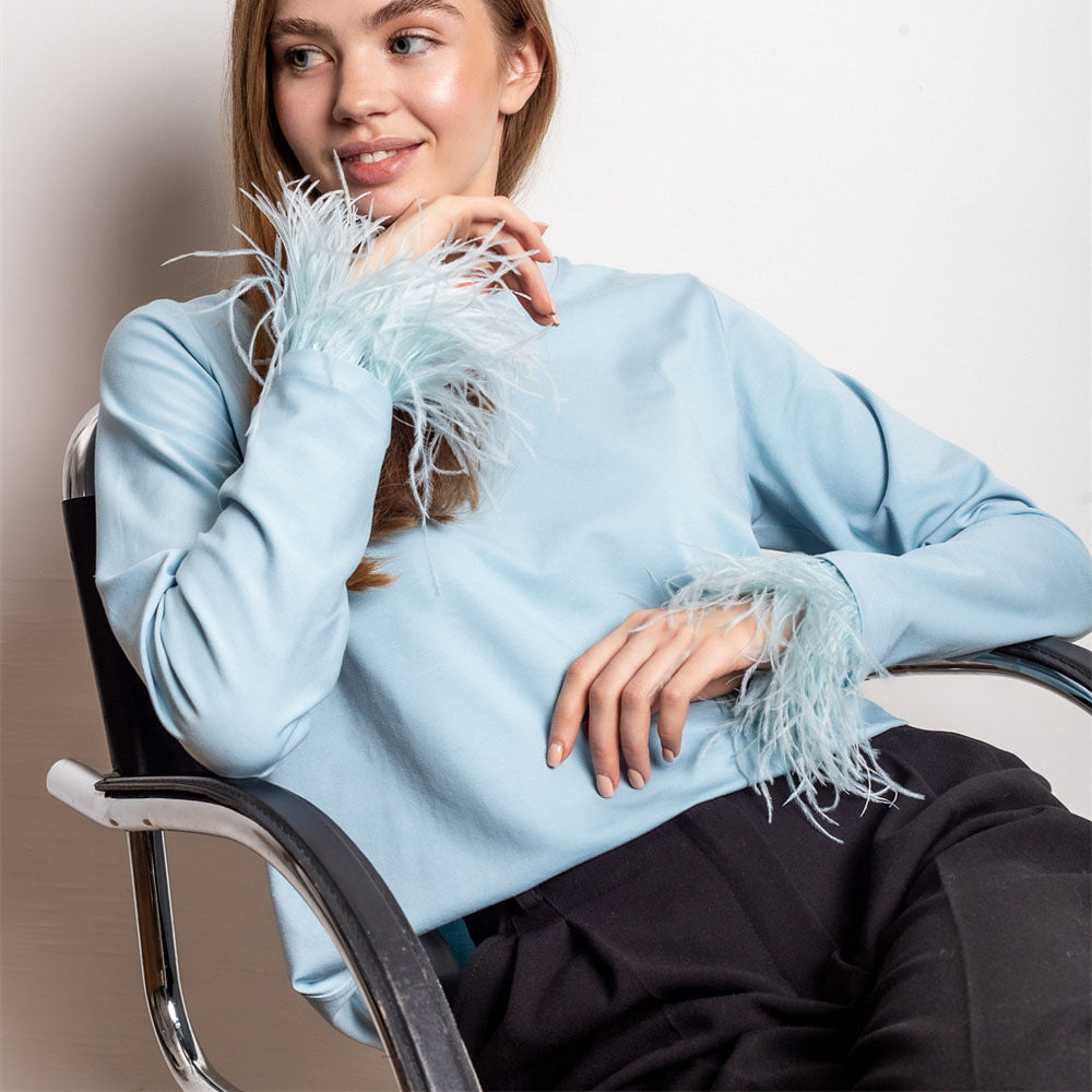 Women's Fashion Casual Round Neck Stitching Feather T-Shirt Top