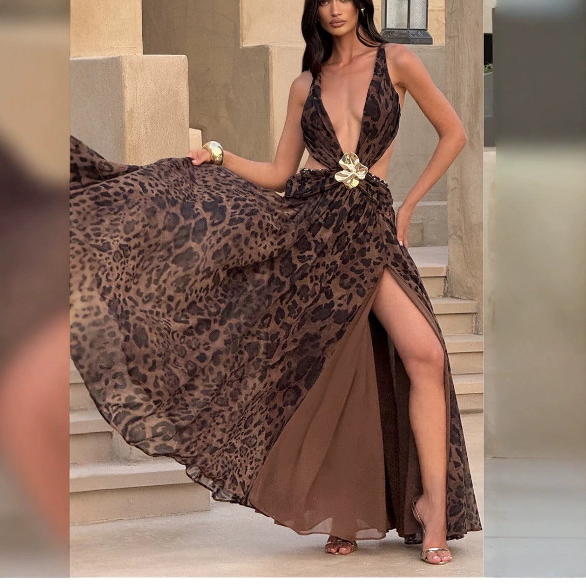Slim Fit V-neck Halter Split Dress