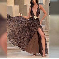 Slim Fit V-neck Halter Split Dress