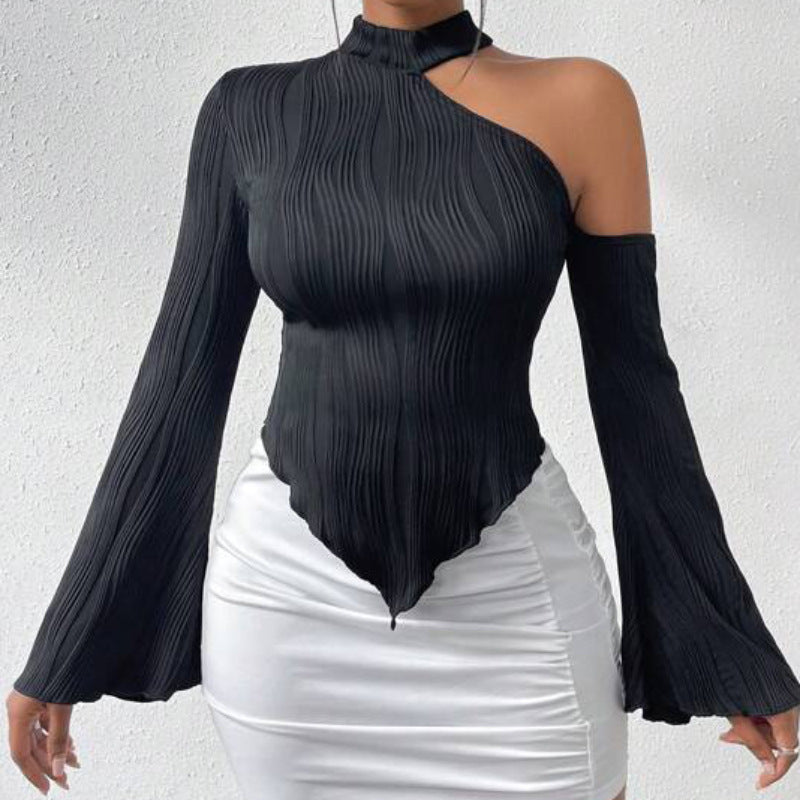 Long-sleeve Slash-neck Halter-style Street-style Spicy-girl T-shirt