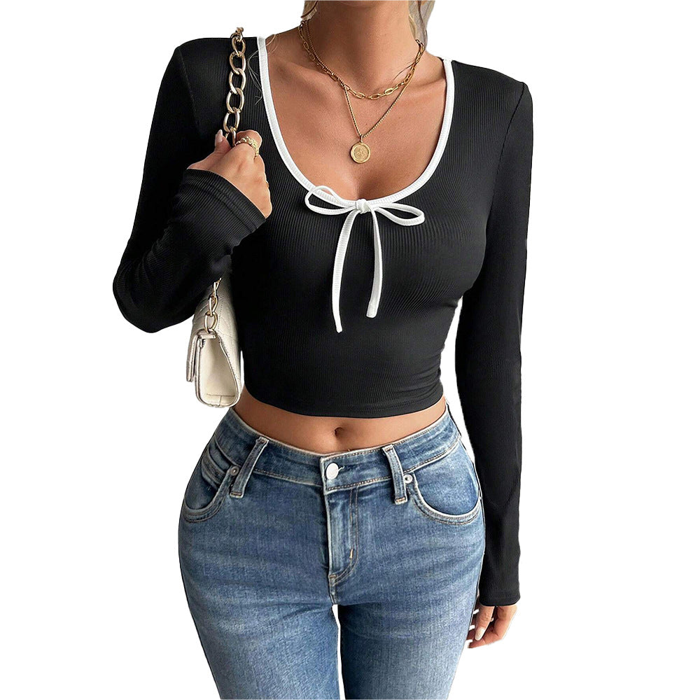 Women's Fashion Simple Style Versatile T-shirt AutumnWinter EuropeanAmerican Slim Fit Short Sexy Color Block Top