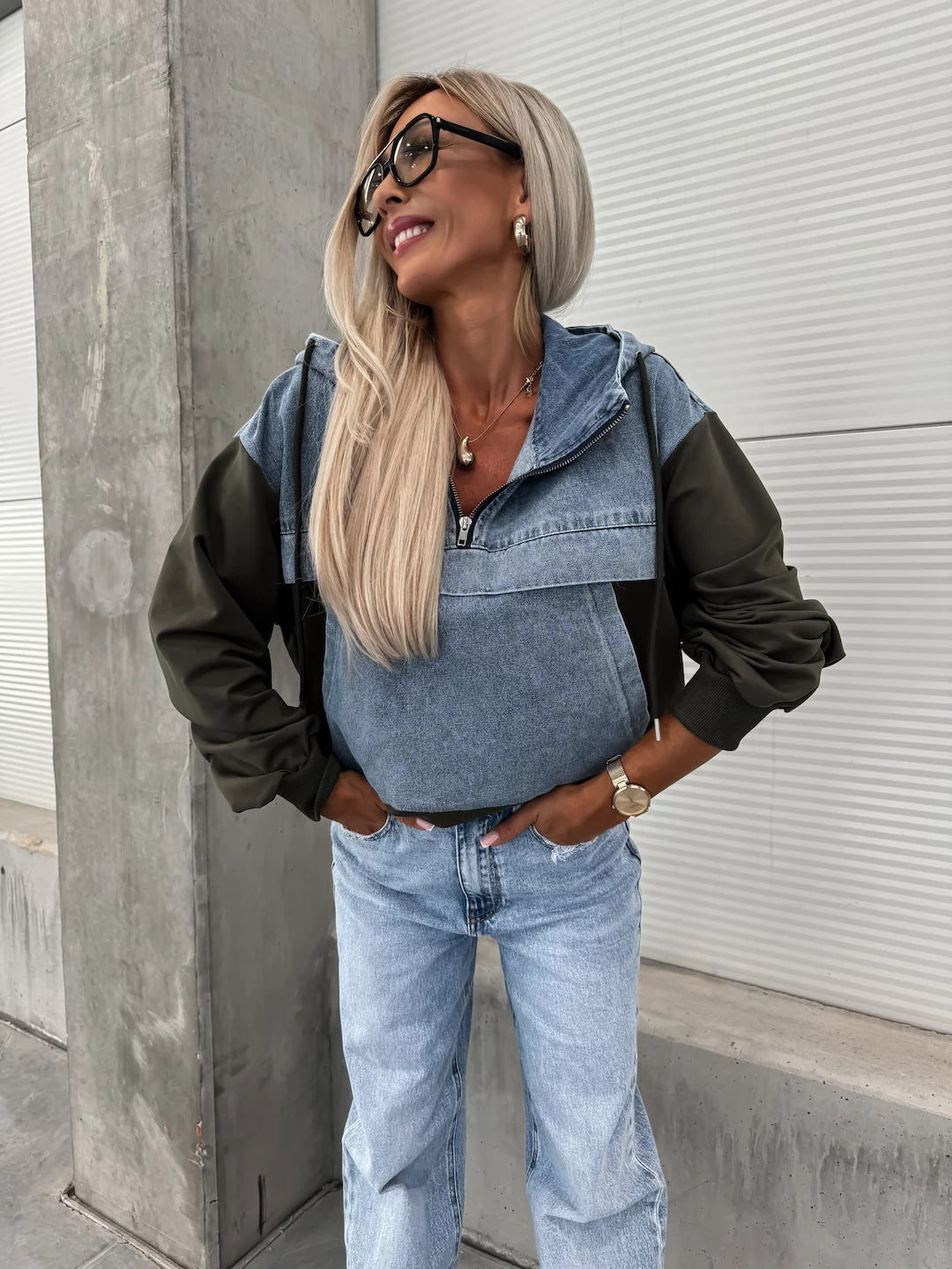 Fashion Loose Casual Washing Denim Stitching Hooded Women's Sweater