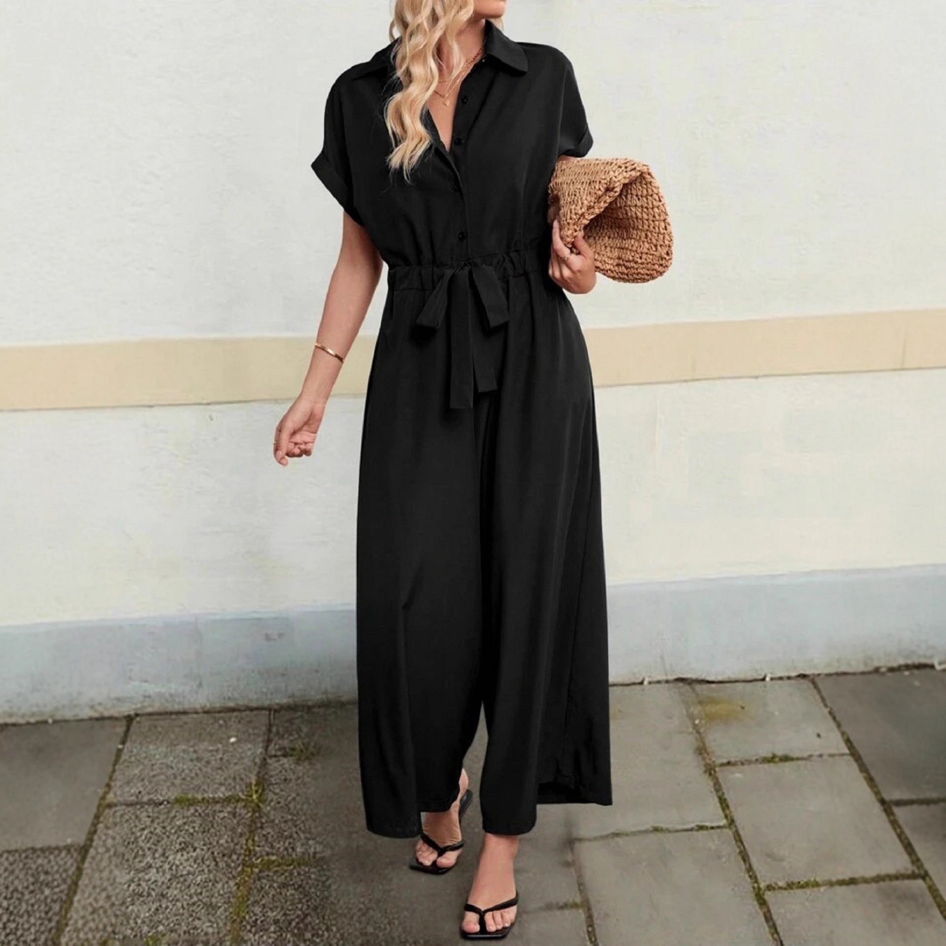 Women's Loose Casual Polo Collar Lace-up Jumpsuit