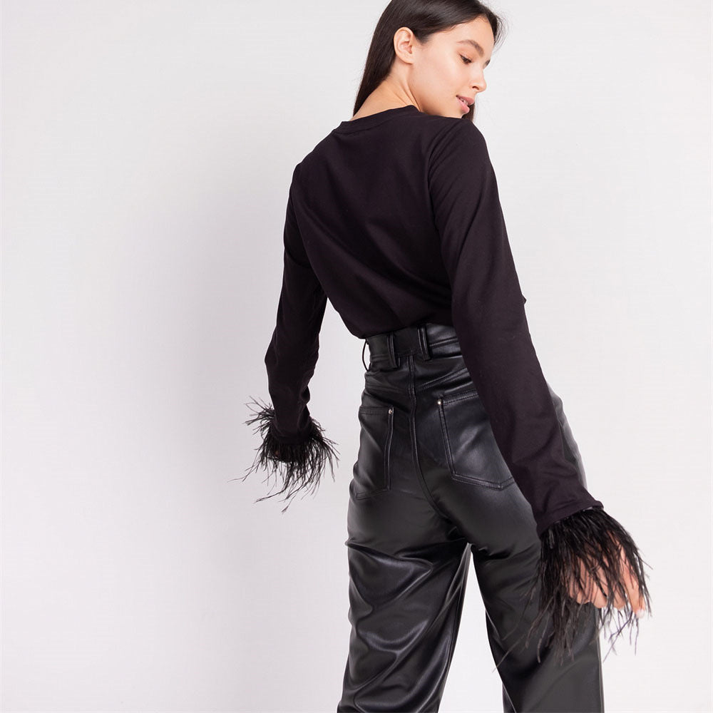 Women's Fashion Casual Round Neck Stitching Feather T-Shirt Top