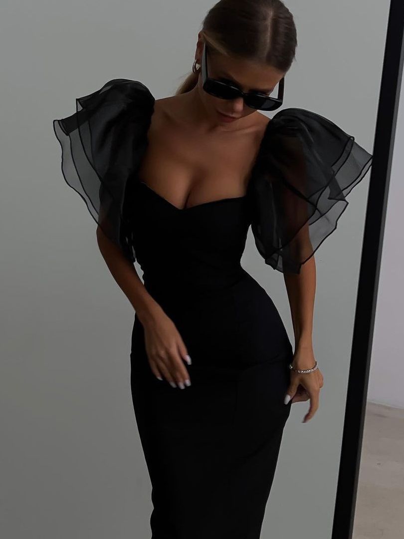 Women's Temperament Mesh Ruffle Sleeve Square Collar Hip-wrapped Mid-length Dress