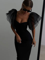 Women's Temperament Mesh Ruffle Sleeve Square Collar Hip-wrapped Mid-length Dress