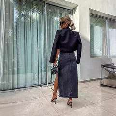 Retro Women's High Waist Irregular Slit Denim Skirt